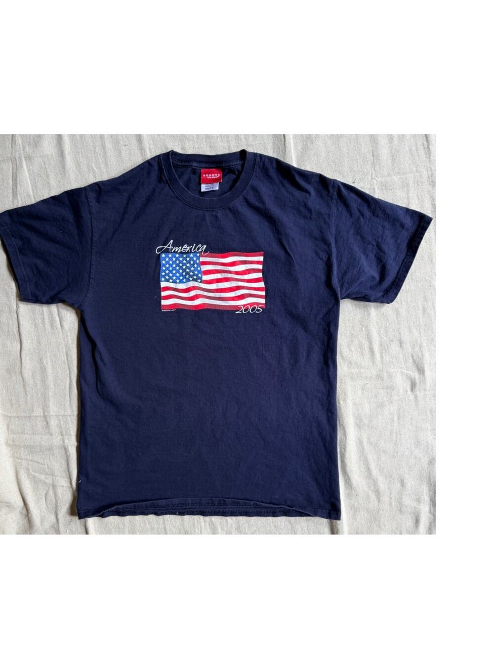 Vintage Y2K Sonoma 2005 America US Flag T Shirt Adult Medium Navy Patriotic Tee